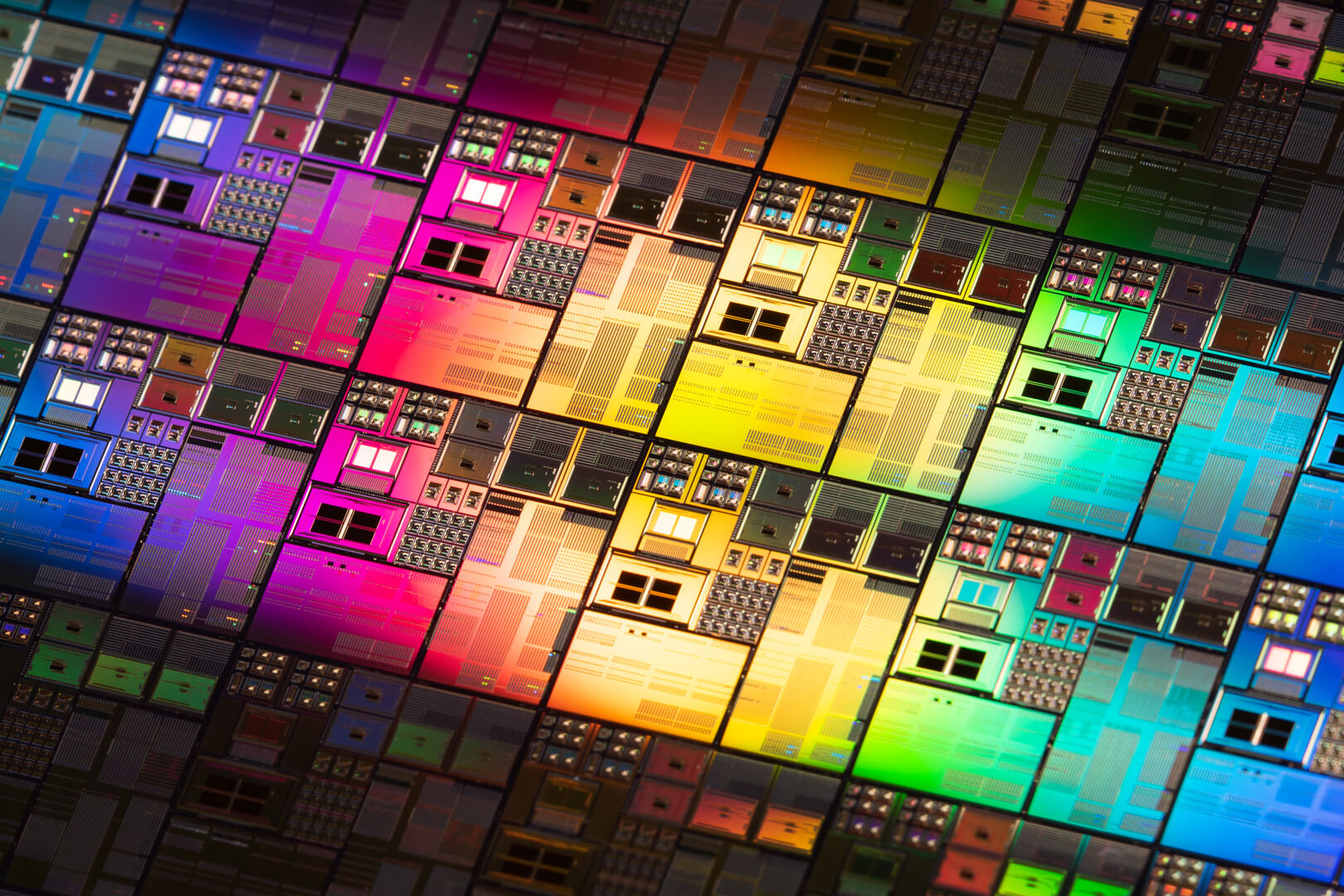 Rainbow colored computer chip internals